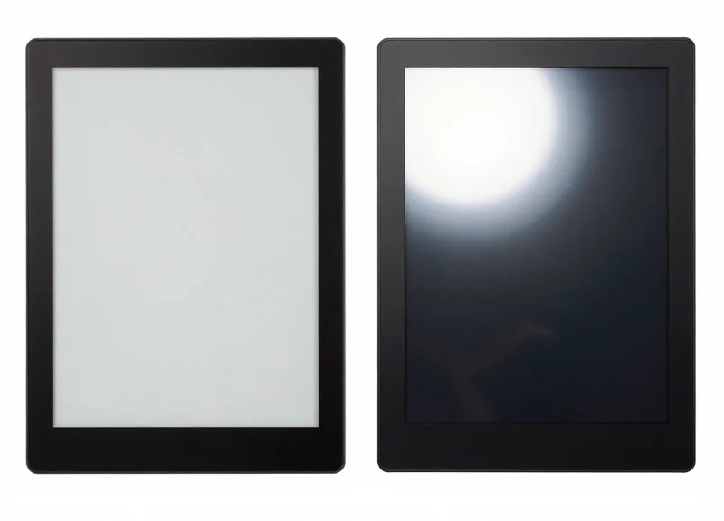 A side-by-side visual comparison showing a matte e-paper display versus a reflective glowing LCD screen.