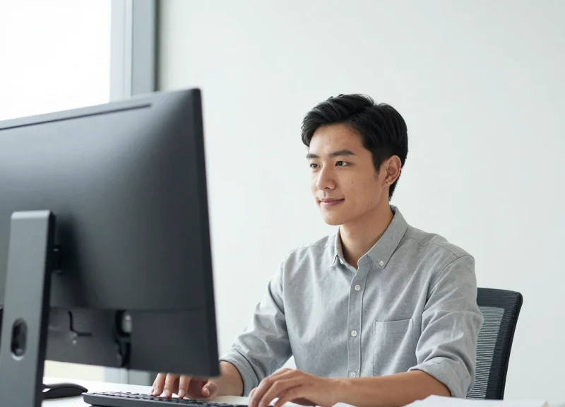 A professional office worker looking at a glare-free digital wall sign with comfort.