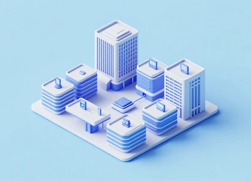 Isometric view of a global corporate office rollout of digital desk signage.