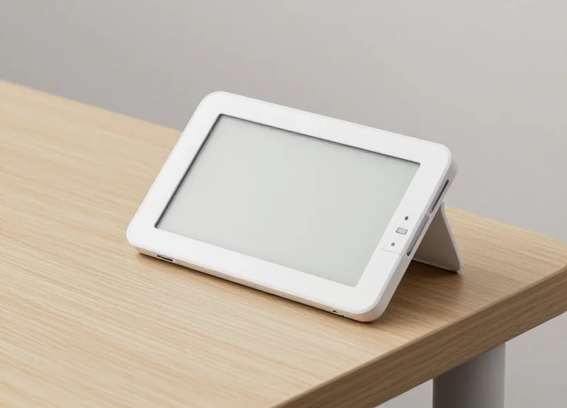 A close-up shot of an electronic desk label device mounted on a wooden desk corner, showing a clean e-ink display.