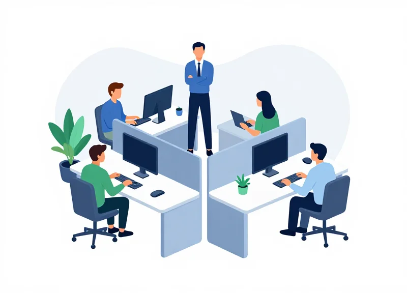 A flat vector illustration of diverse professionals collaborating in a flexible, modular workspace.