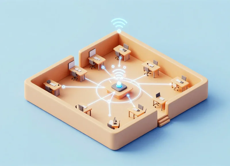 Isometric 3D model of an office floor plan showing interconnected desks and digital nodes.