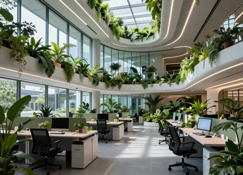 A futuristic smart office featuring biophilic design elements like indoor plants and advanced lighting systems.