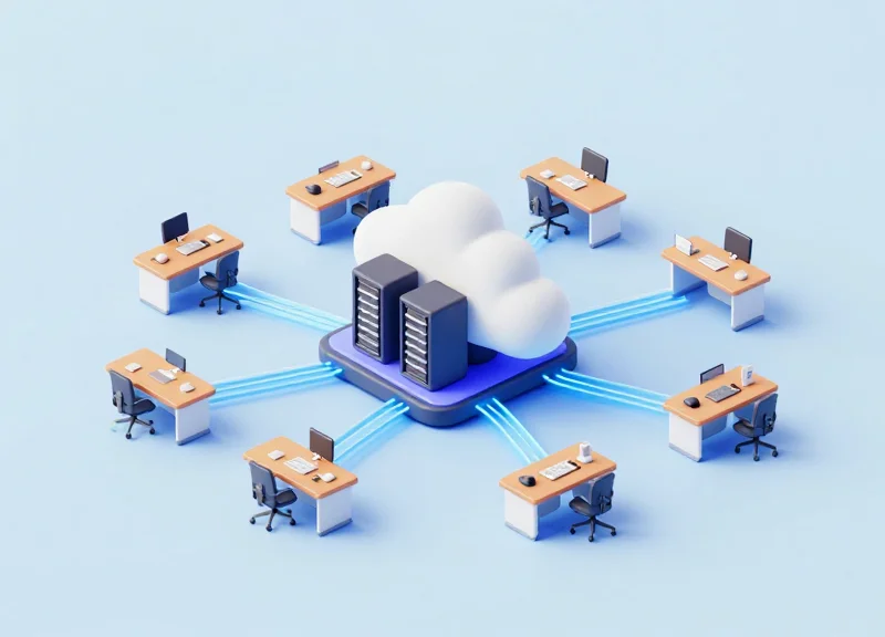 Isometric 3D model of a cloud server connecting to office desk labels via glowing lines.