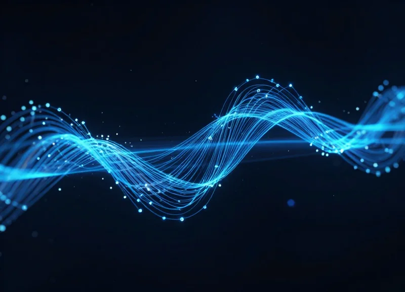Abstract data visualization showing real-time data synchronization with glowing blue lines.