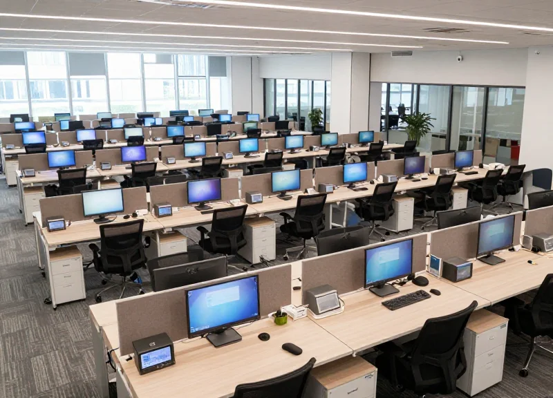 A large-scale office floor with hundreds of desks equipped with synchronized labels.