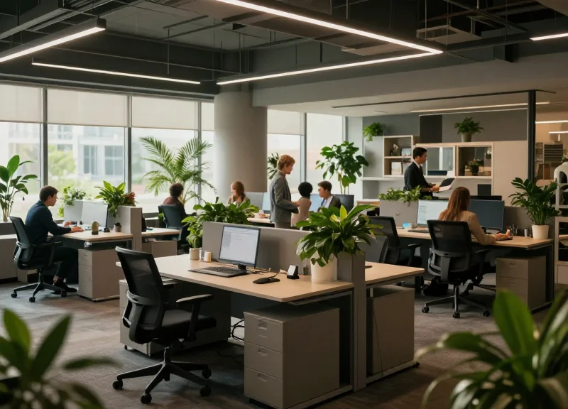 A futuristic modern office space with modular desks and green plants, symbolizing the 2026 hybrid workplace.