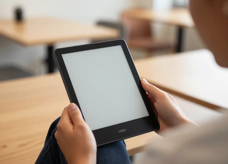 An office worker comfortably using an e-ink tablet in a well-lit room, highlighting eye comfort.