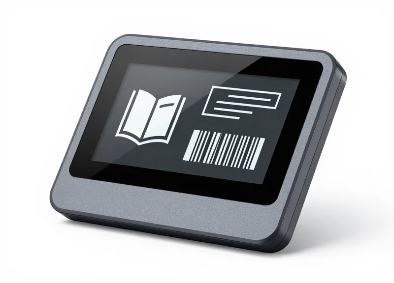 Close-up of a high-resolution electronic shelf label with an e-paper display.