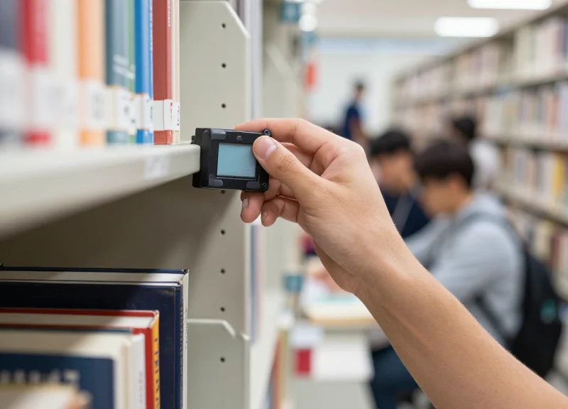 A student using a library shelf with durable electronic labels in a busy environment.