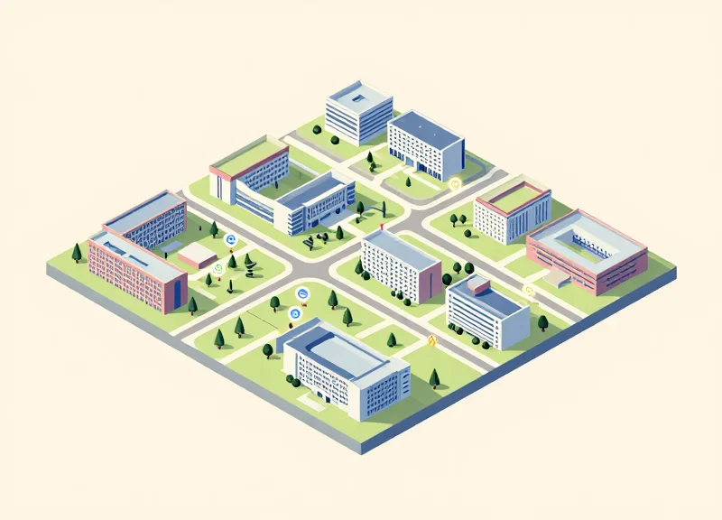 Isometric view of multiple campus buildings linked by a central digital network.