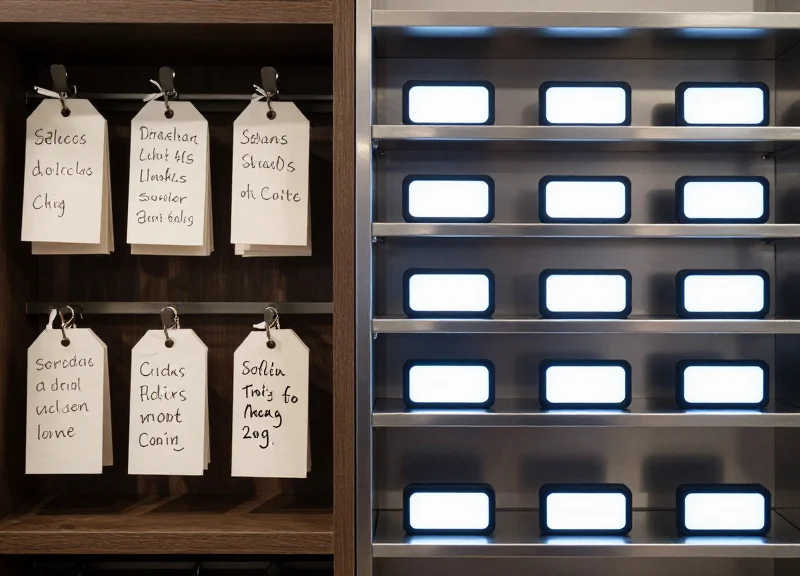 Comparison between old messy paper library labels and clean uniform digital labels.