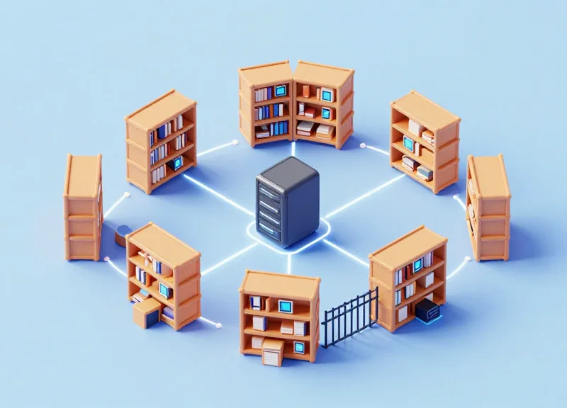 Isometric 3D view showing the integration of digital labels with library RFID and EAS systems.