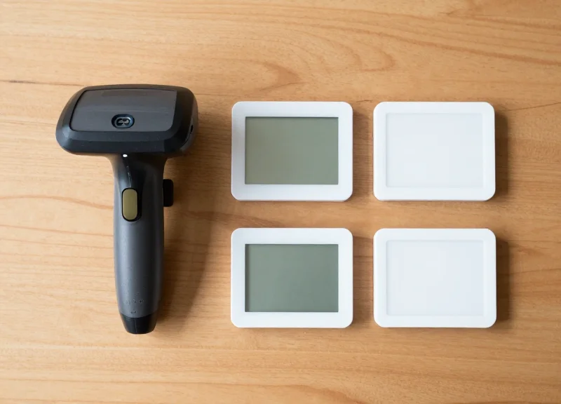Neatly arranged barcode scanner and several e-ink electronic shelf labels on a wooden table