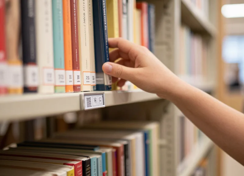 A library patron looking at a digital shelf label to check book availability