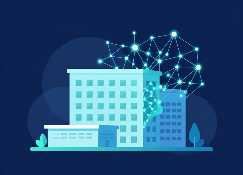 Flat vector illustration of a modern library building morphing into digital data nodes and glowing connections, representing a smart ecosystem.