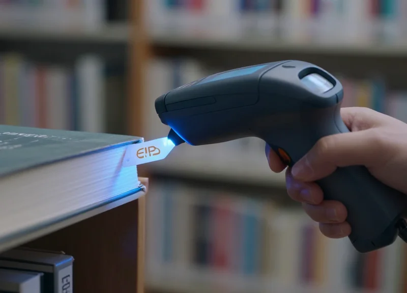 Close-up of a sleek RFID tag embedded in a book spine being scanned by a handheld digital reader in a futuristic library setting.