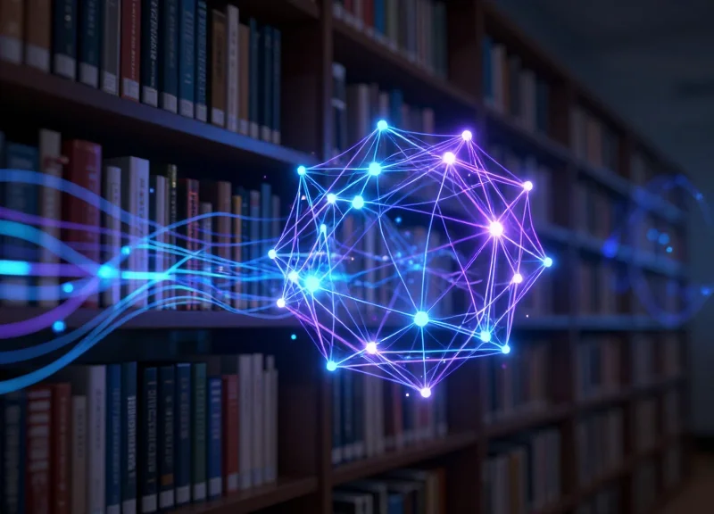 Abstract data visualization of glowing neural network nodes floating above a library shelf with digital information streams.