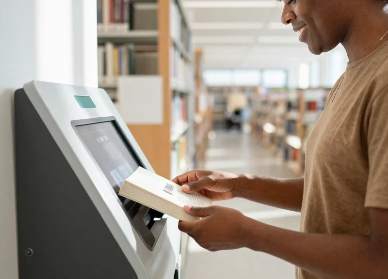 A person smiling while placing a book on a sleek automated return kiosk in a modern bright library.