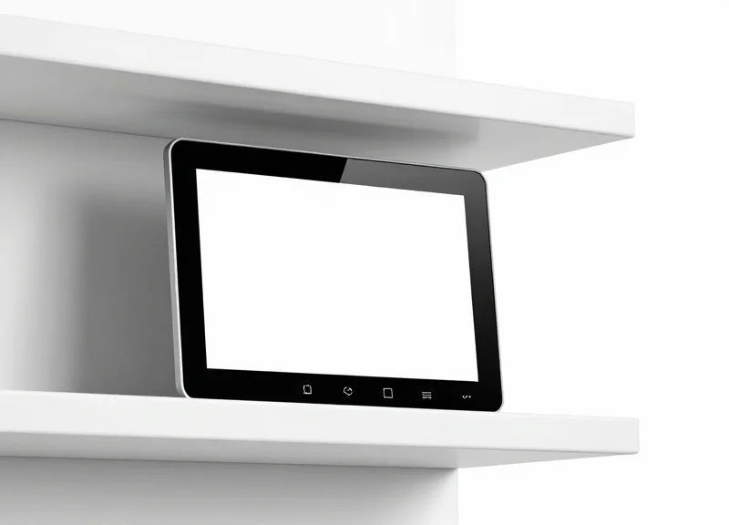 A sleek electronic shelf label with a digital e-ink display mounted on a clean white library shelf.