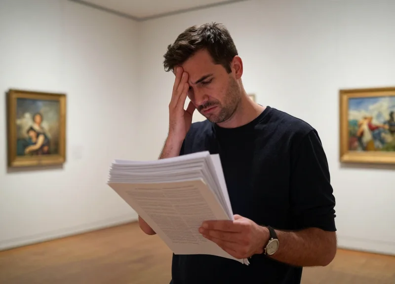 A museum worker in a gallery looking overwhelmed while holding a large stack of paper labels and scissors.