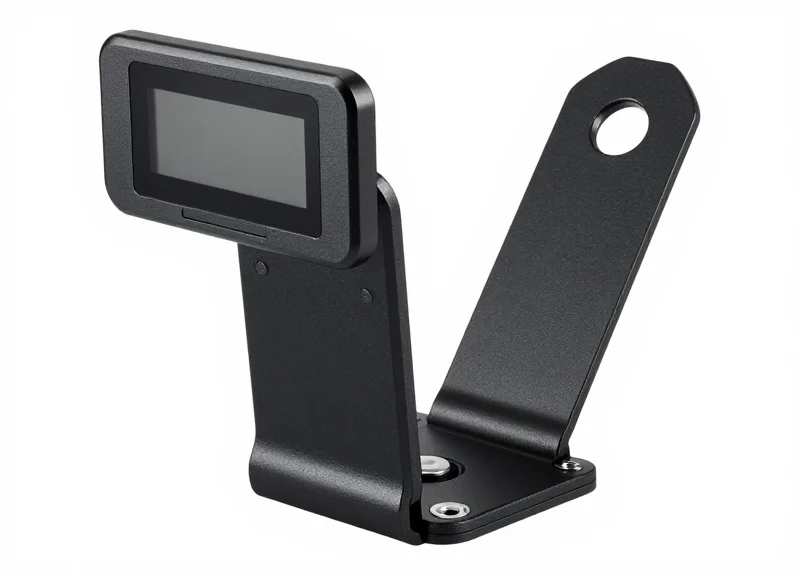 A professional close-up of a secure metallic mounting bracket for electronic gallery labels.