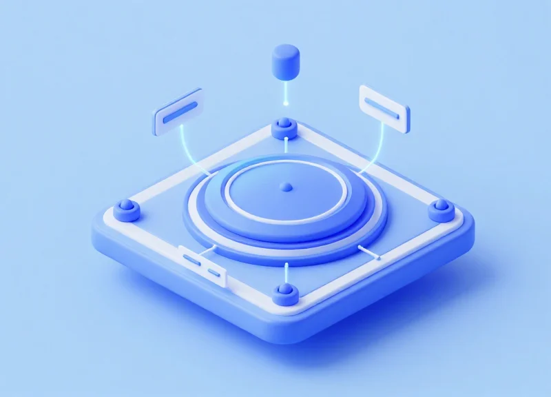 Isometric 3D model of a gallery management system showing a central server hub connecting to multiple digital labels.