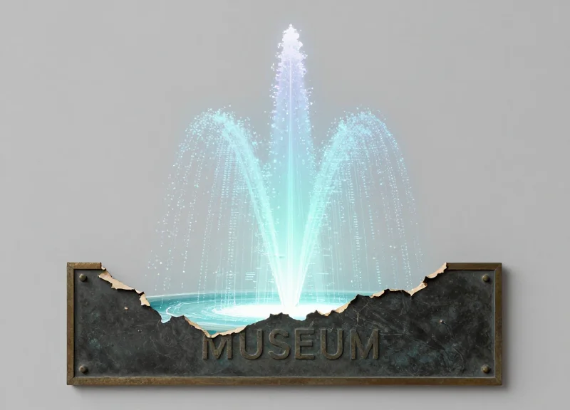 A surreal illustration of a static museum plaque morphing into digital light pixels.