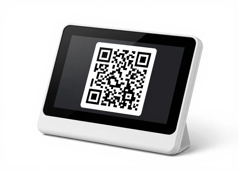 A close-up shot of a modern electronic shelf label displaying a QR code.