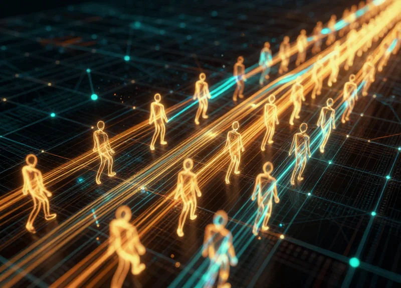 Abstract visualization of glowing paths representing visitor flow through a space.