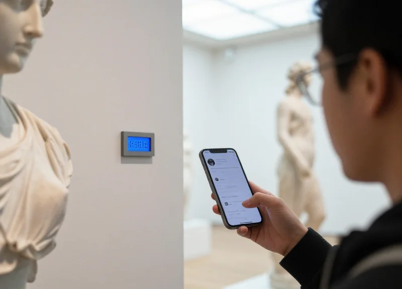A visitor in a museum scanning a digital tag with their smartphone.