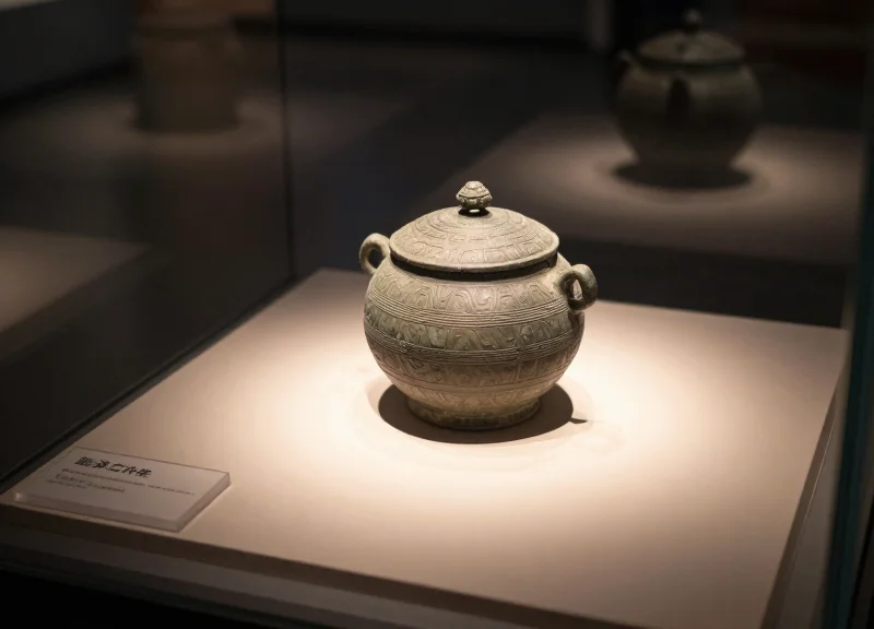 An ancient vase inside a glass museum case with an unobtrusive small e-ink label placed elegantly nearby.