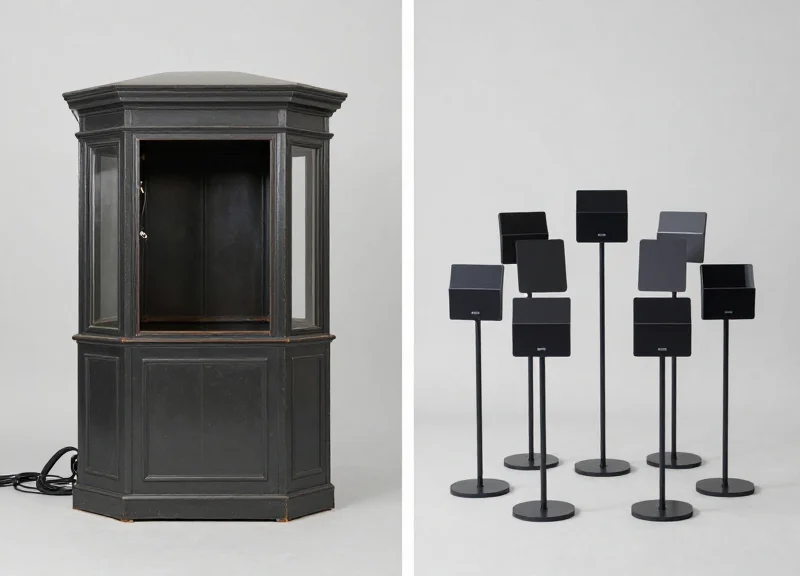 Side-by-side comparison of a bulky traditional interactive kiosk and a series of small, sleek wireless e-ink labels.