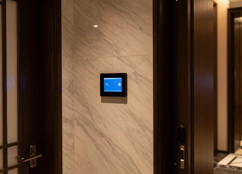 A luxury boutique hotel room interior featuring a modern digital rate display integrated into the wall design
