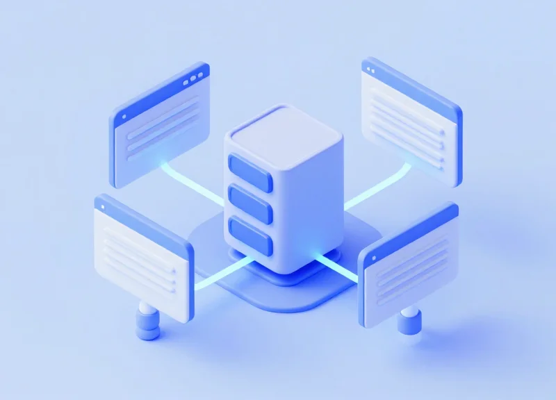 3D isometric illustration of a hotel network system connecting devices and servers