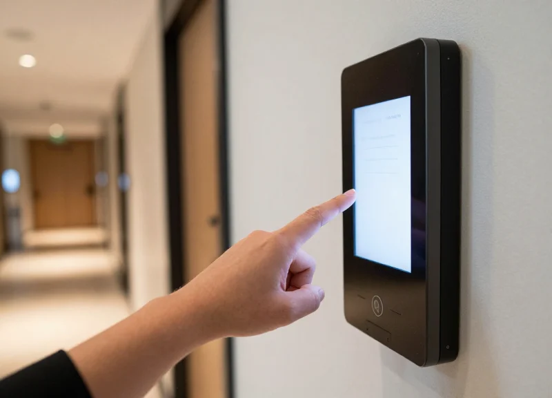 A close-up of a guest interacting with a digital display in a boutique hotel corridor