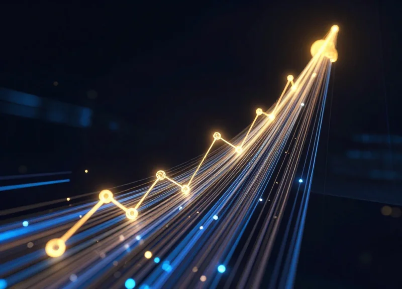 Abstract visualization of 15 percent revenue growth with glowing golden light trails rising sharply upward.