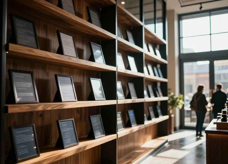 A modern, high-end retail interior featuring digital displays and electronic labels integrated into premium wooden shelving.