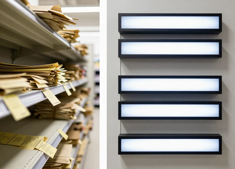 Comparison between a messy shelf with paper tags and a clean shelf with electronic labels.