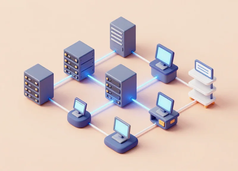 Isometric 3D model of a retail ecosystem connecting shelf labels to a central server and POS terminal.
