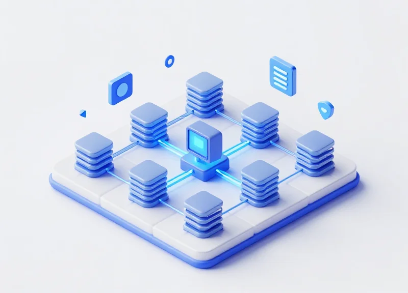 Isometric 3D model of a system architecture showing small digital nodes connected to a central server hub with glowing data paths.