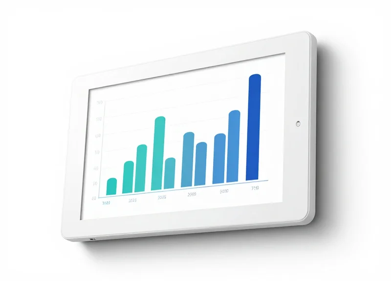 Close-up of a sleek electronic shelf label with a sharp e-ink display showing abstract pricing graphics on a white studio background.