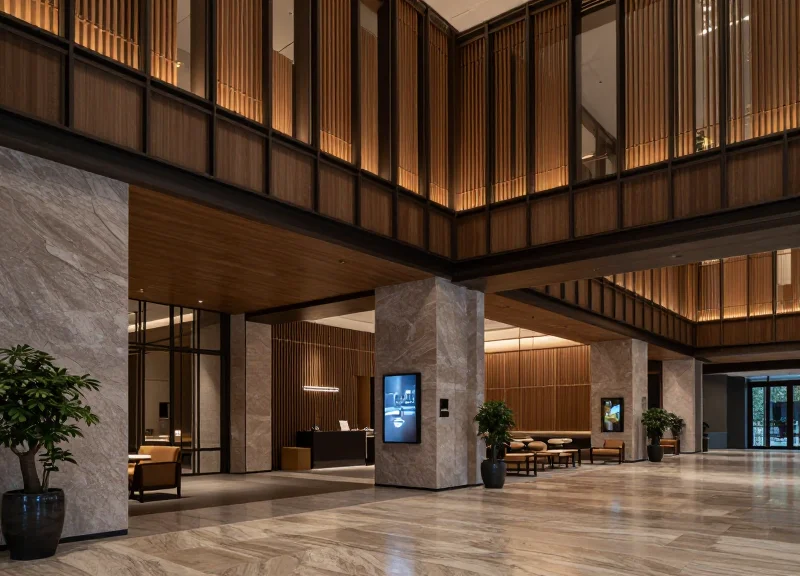 A futuristic luxury hotel lobby with sustainable architecture and integrated digital signage.