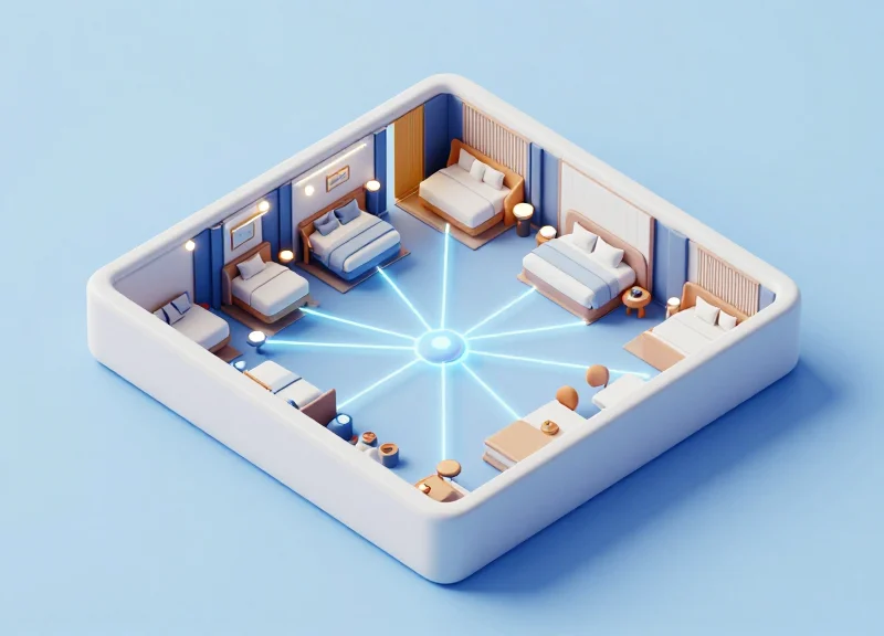 3D isometric model of an automated hotel room management system.