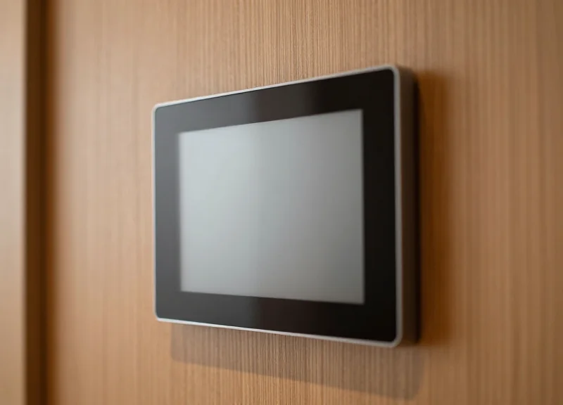 A close-up of a stylish e-ink display showing room information in a high-end hotel room.