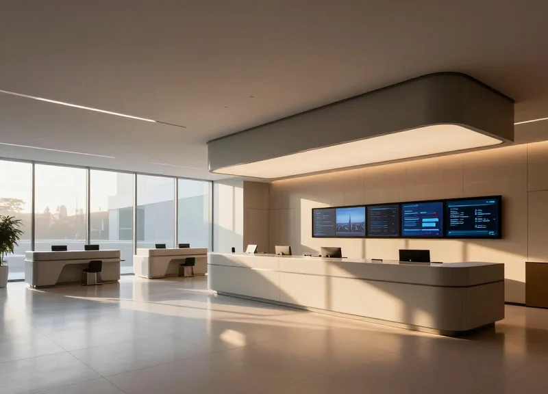 A modern bank branch interior with professional lighting and digital displays integrated into the decor.