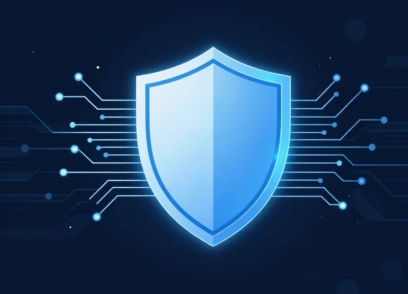 Abstract representation of digital security and encryption using glowing geometric patterns and a central shield motif.