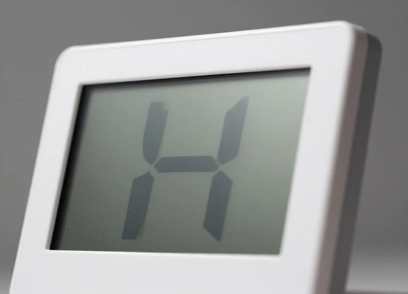 A close-up shot of a sleek e-ink electronic shelf label displaying a simple abstract geometric pattern.