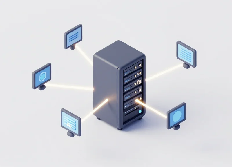 Isometric 3D model showing a central server connected to various small digital devices.