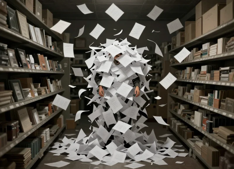 Surreal illustration of a retail clerk overwhelmed by a mountain of paper price tags representing manual error.